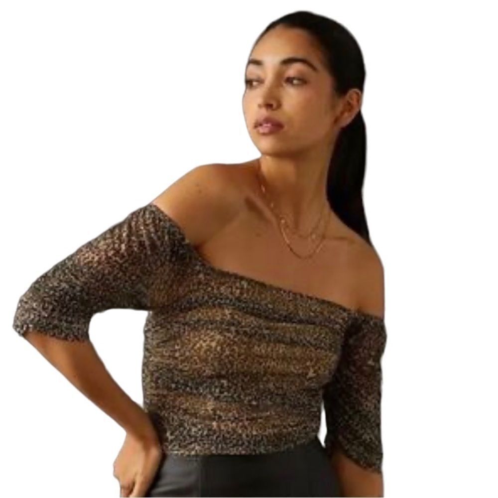Anthropologie - Mesh Off-Shoulder Crop Top - Size M, Leopard / Animal Print
